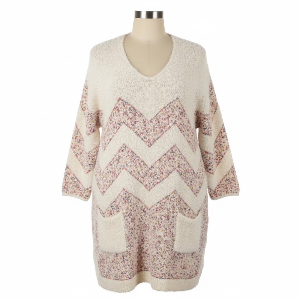 Lauren Michelle Cream and Pink Chevron V-Neck Sweater Dress
